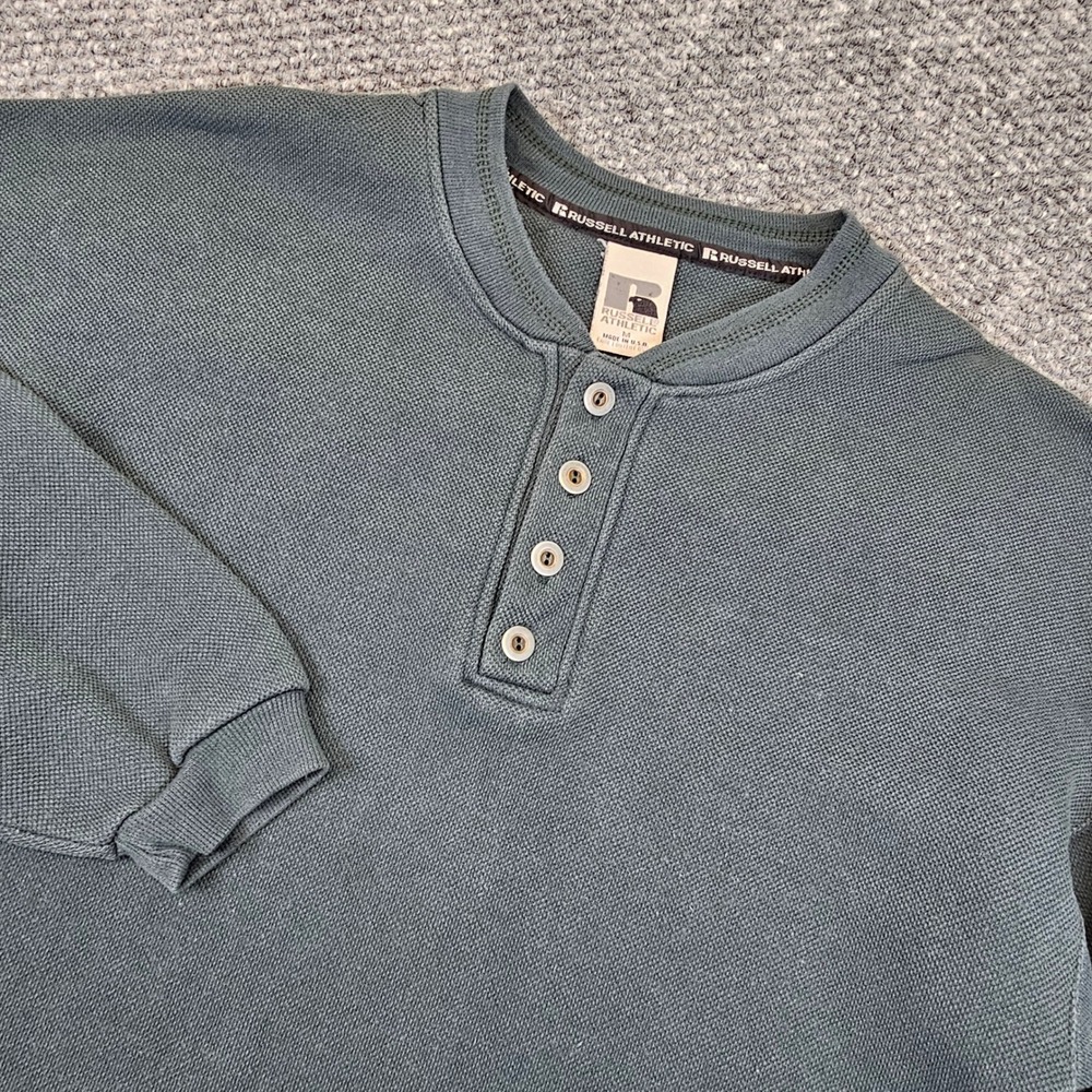Vintage Russell Athletic Henley Sweatshirt Mens Medium Green Made in USA Waffle